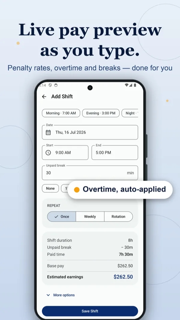 Shift Pay Calculator showing a live pay preview