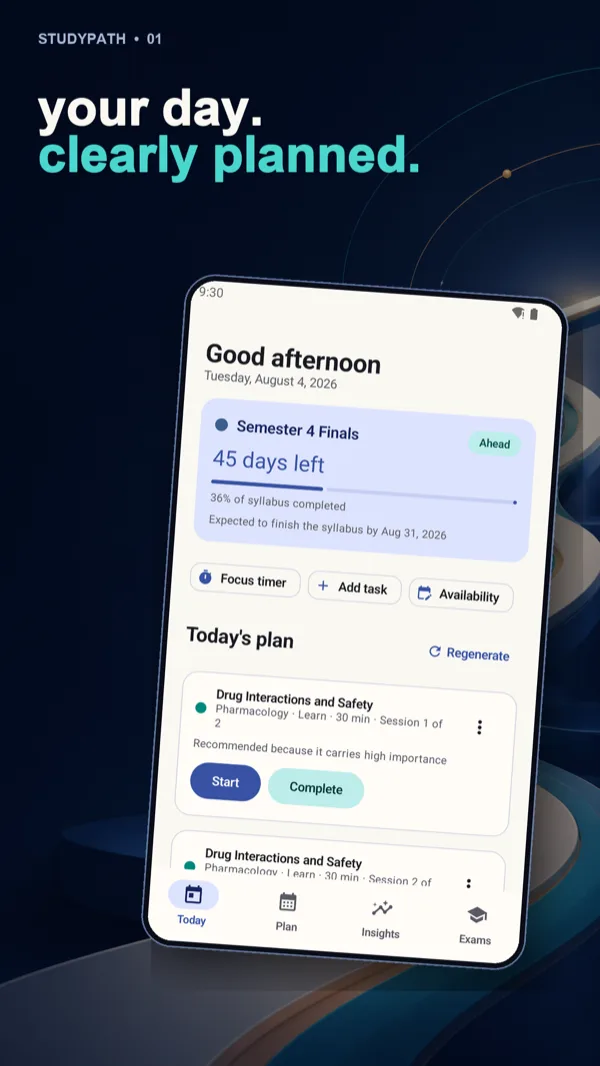StudyPath showing the day's study plan